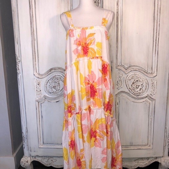Free People Linen Blend Sherbet Color Florals on White Multi Tiered Dress S/XS - Picture 1 of 11